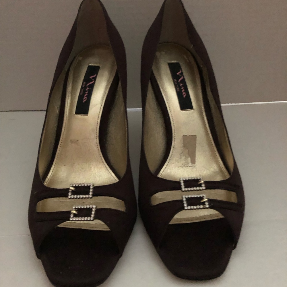 Nina Sateen Women's Brown Peep Toe Kitten Heels